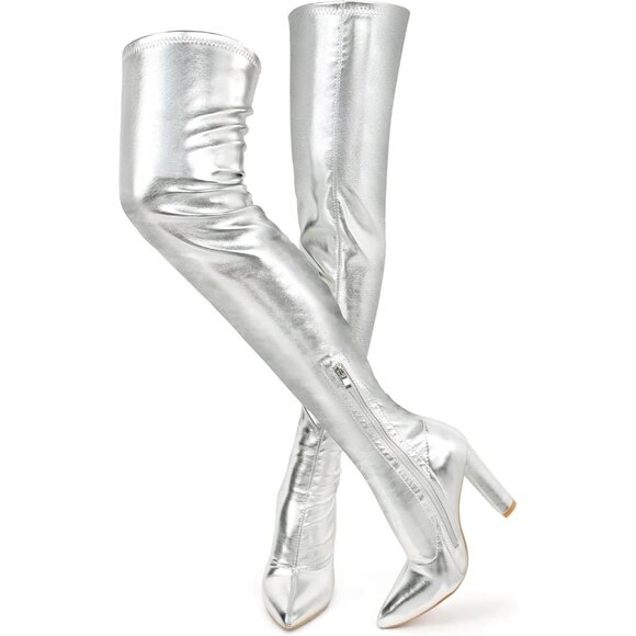 Women Silver Chunky Heel Over The Knee Patent Leather PU Stretchy Tall Boot - Picture 1 of 7